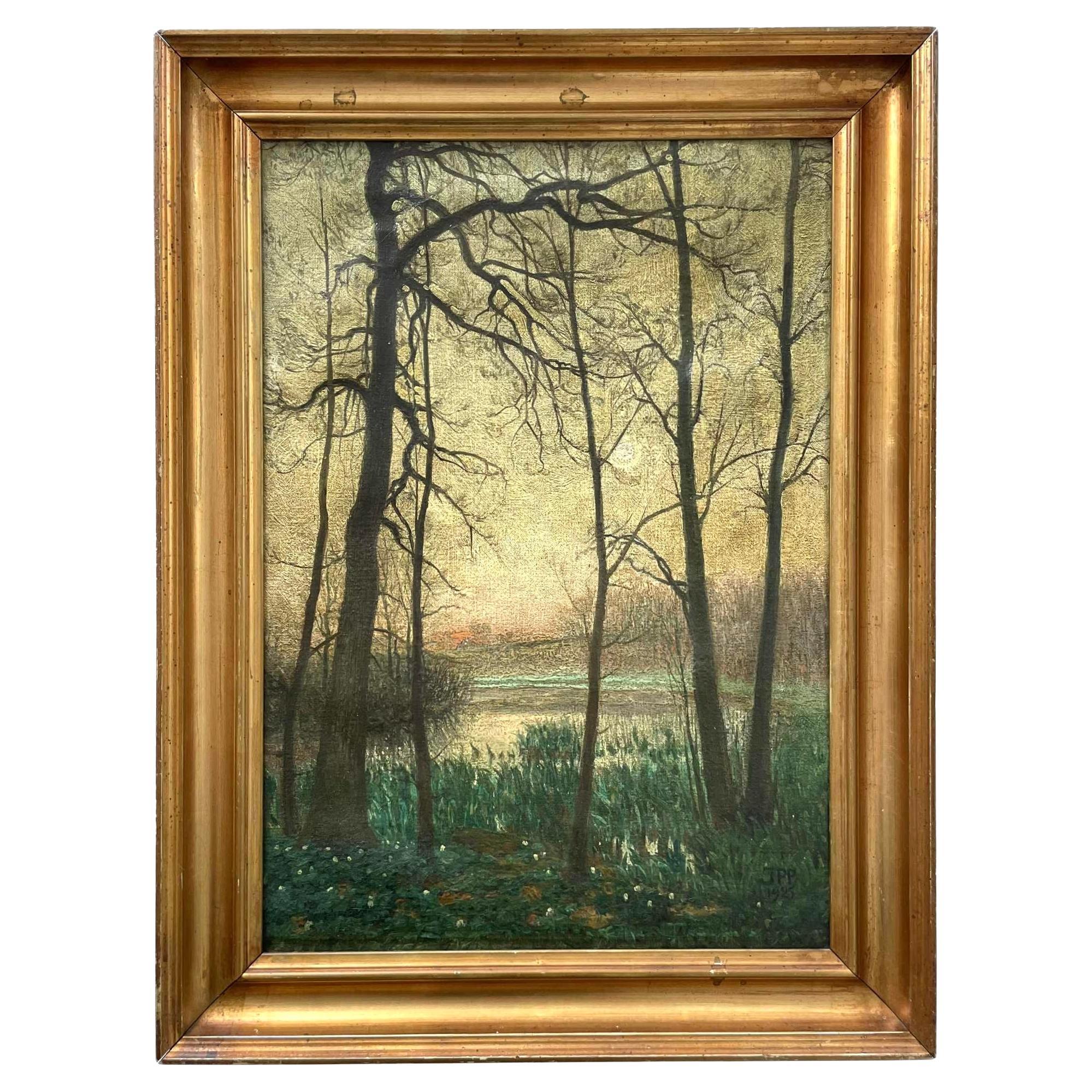 Antike dänische Dämmerungslandschaft mit Bäumen und Wasser von 1925