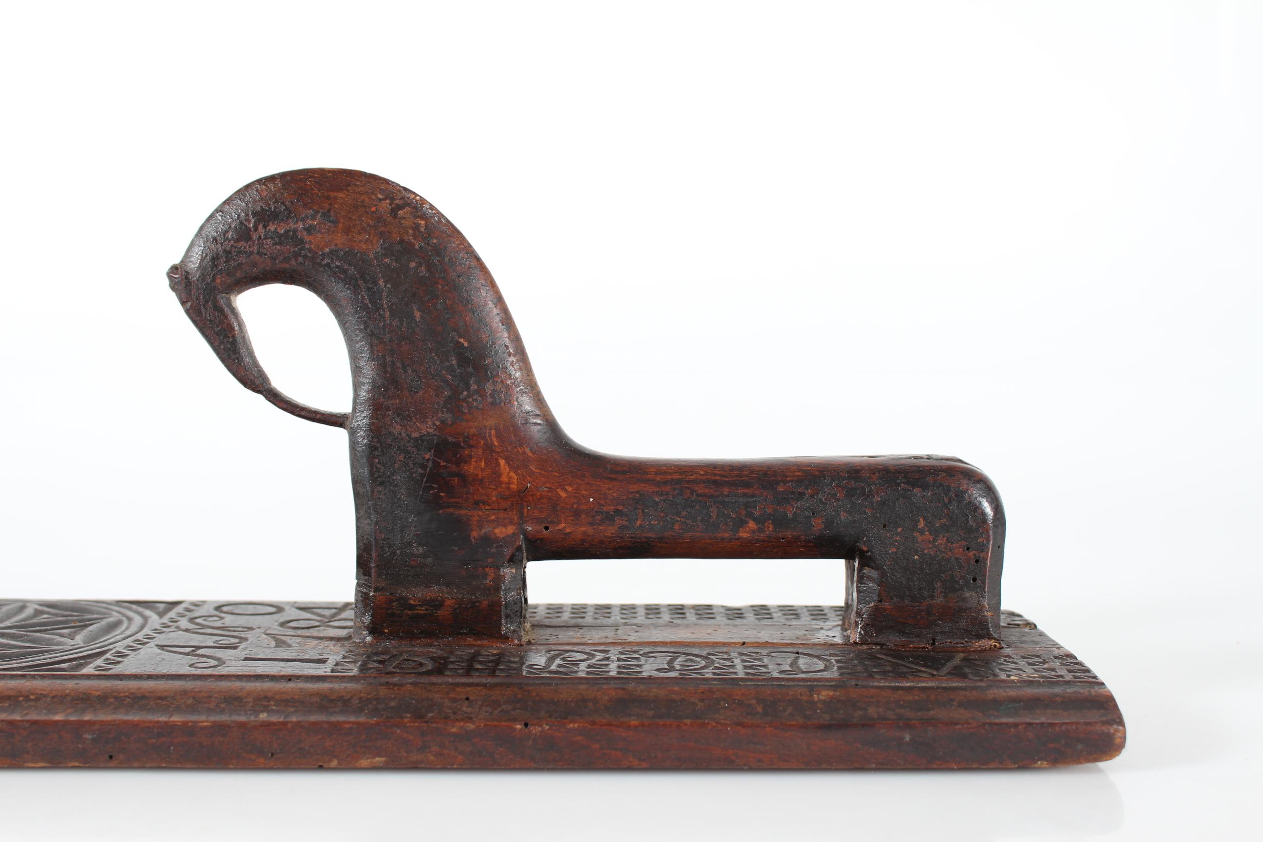 Folk Art Antique Danish Wooden Mangle Board Wedding Love Gift with Horse Dated 1784