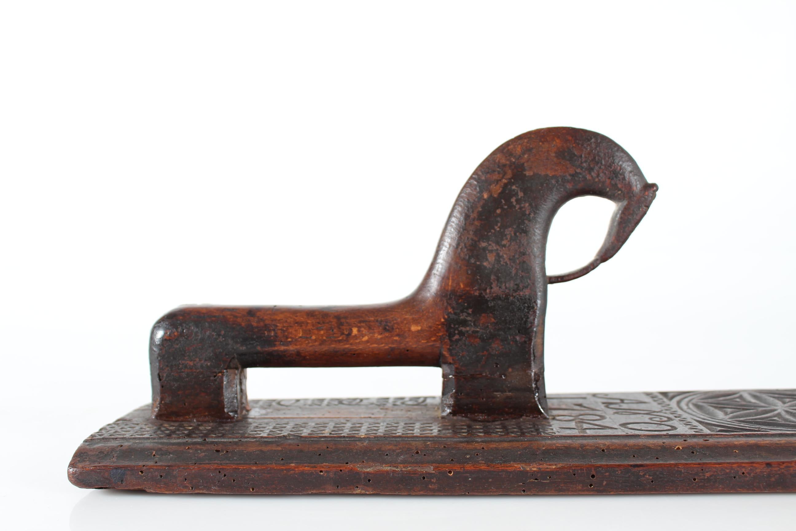Hand-Carved Antique Danish Wooden Mangle Board Wedding Love Gift with Horse Dated 1784