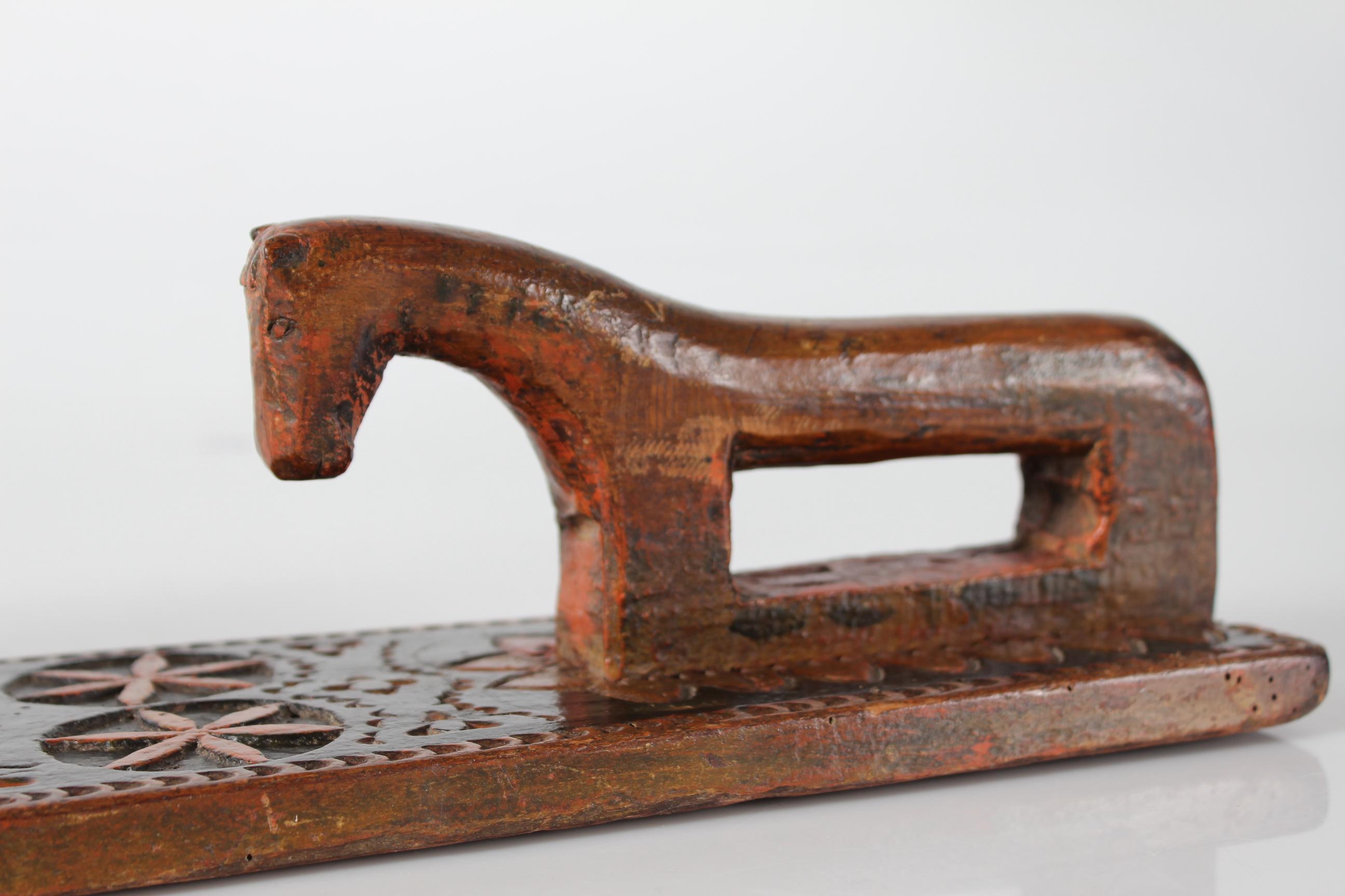 Folk Art Antique Danish Wooden Mangle Board Wedding Love Gift with Horse Dated 1791
