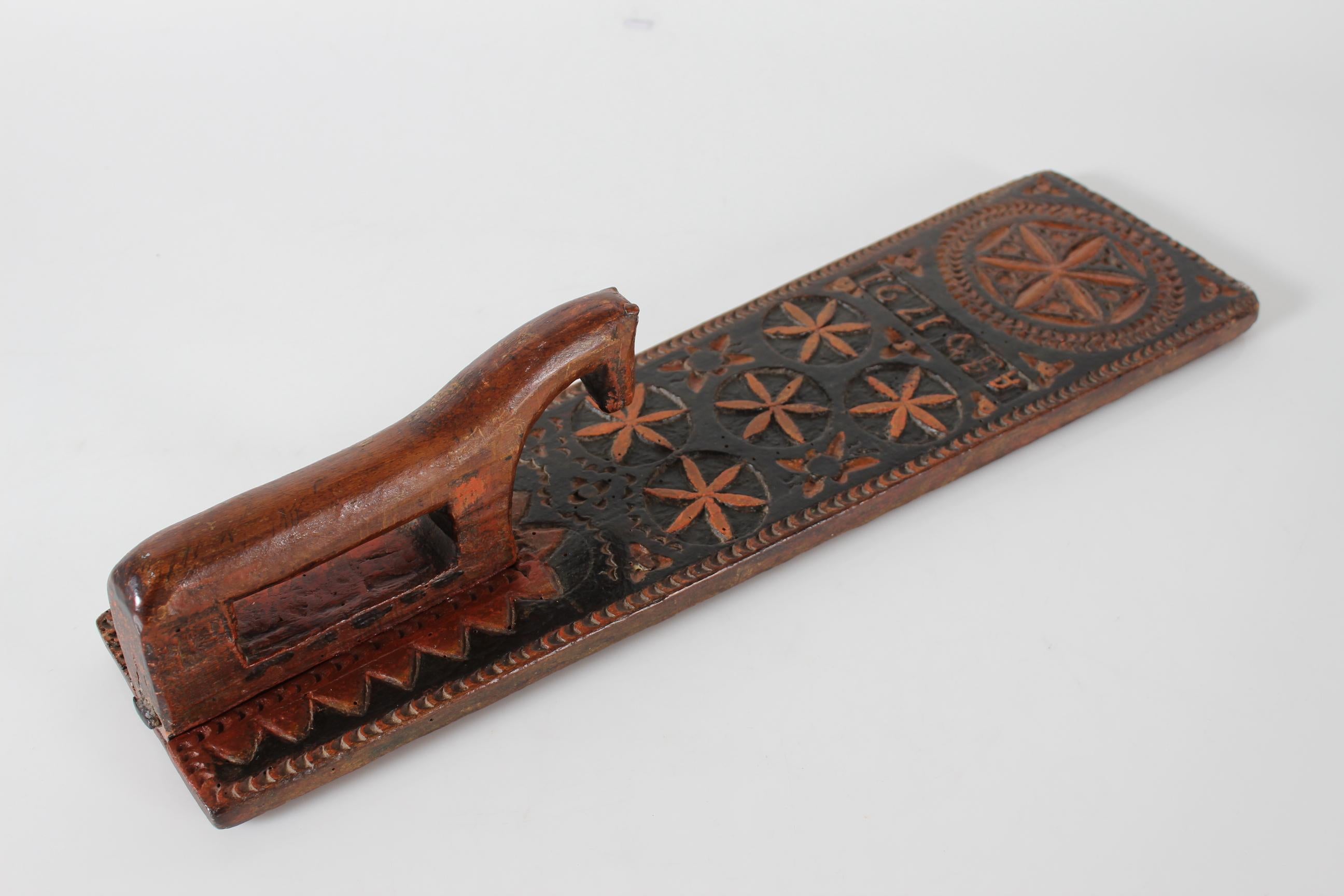 Hand-Carved Antique Danish Wooden Mangle Board Wedding Love Gift with Horse Dated 1791