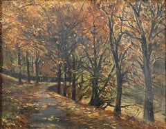 Antique Danish woodland autumn landscape oil painting with trees along a path