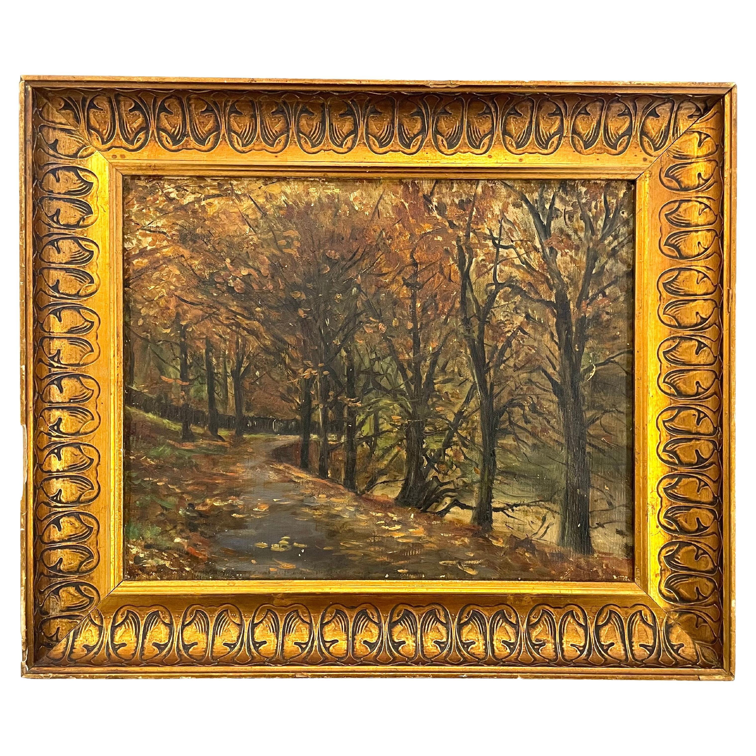 Ancienne peinture à l'huile danoise de paysage forestier d'automne avec des arbres le long d'un chemin