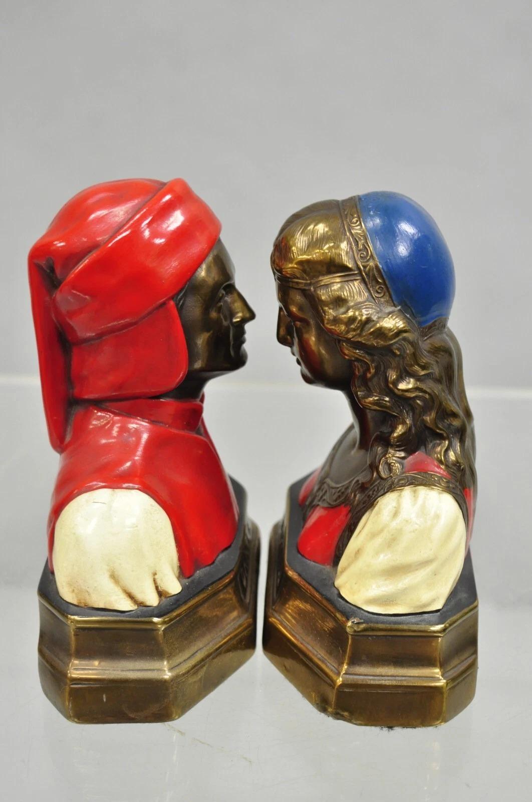 Antiguos Sujetalibros Dante y Beatriz con busto de bronce pintado - Pareja en venta 3