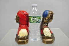 Antique Dante & Beatrice Painted Figural Bronze Bust Bookends - a Pair