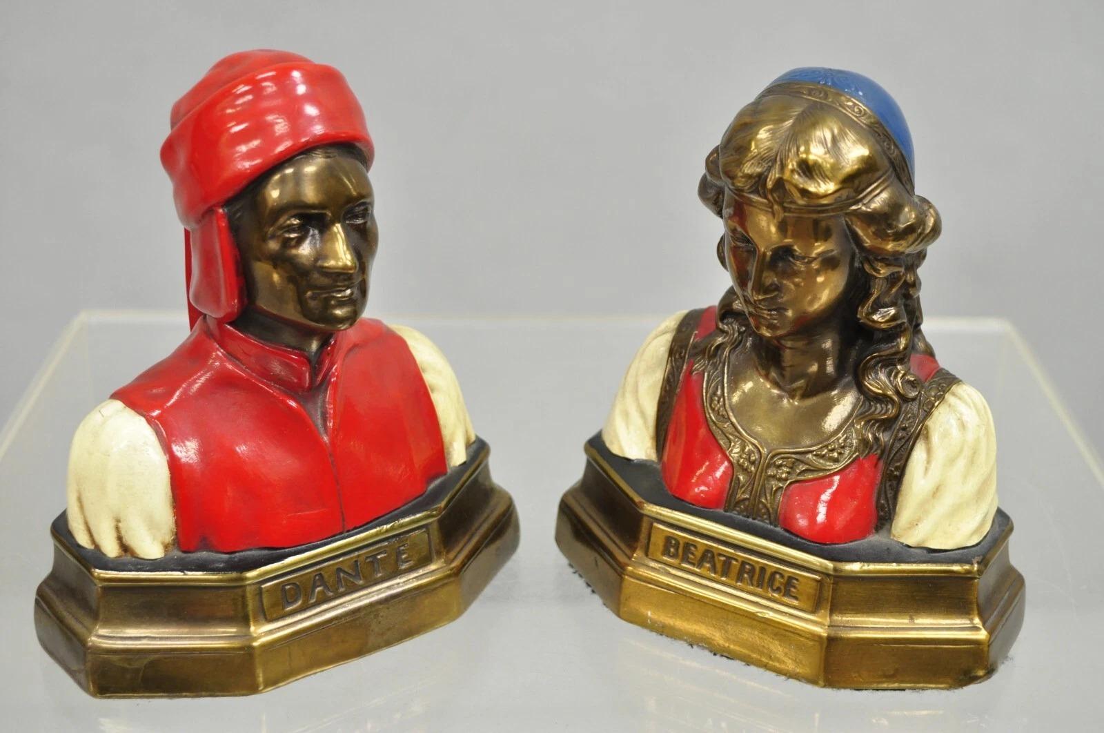 Antiguos Sujetalibros Dante y Beatriz con busto de bronce pintado - Pareja Art Nouveau en venta