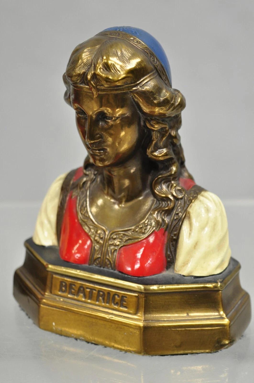 Antiguos Sujetalibros Dante y Beatriz con busto de bronce pintado - Pareja siglo XX en venta