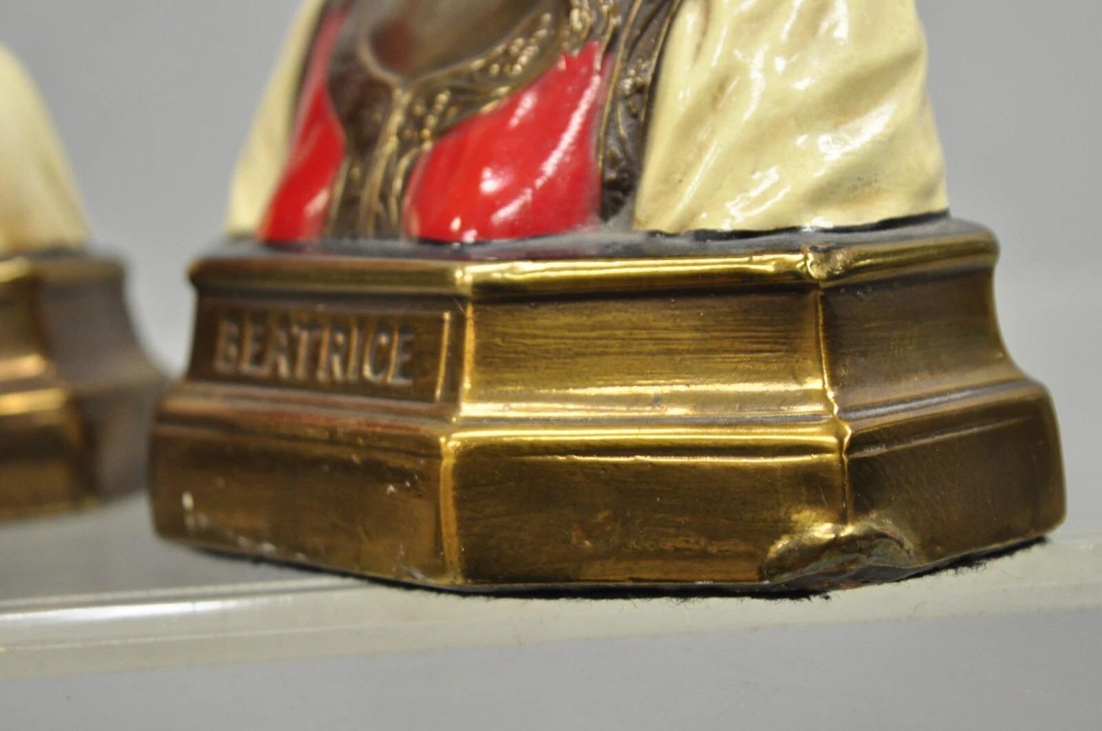 Antiguos Sujetalibros Dante y Beatriz con busto de bronce pintado - Pareja Bronce en venta