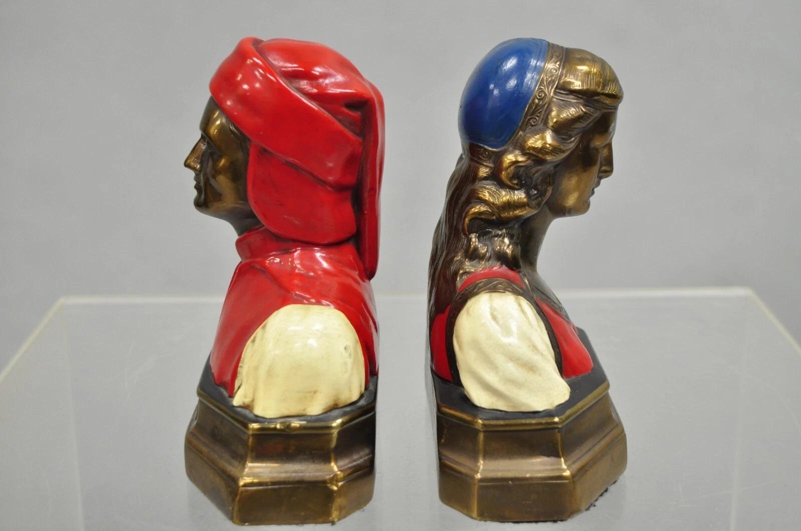Antiguos Sujetalibros Dante y Beatriz con busto de bronce pintado - Pareja en venta 2