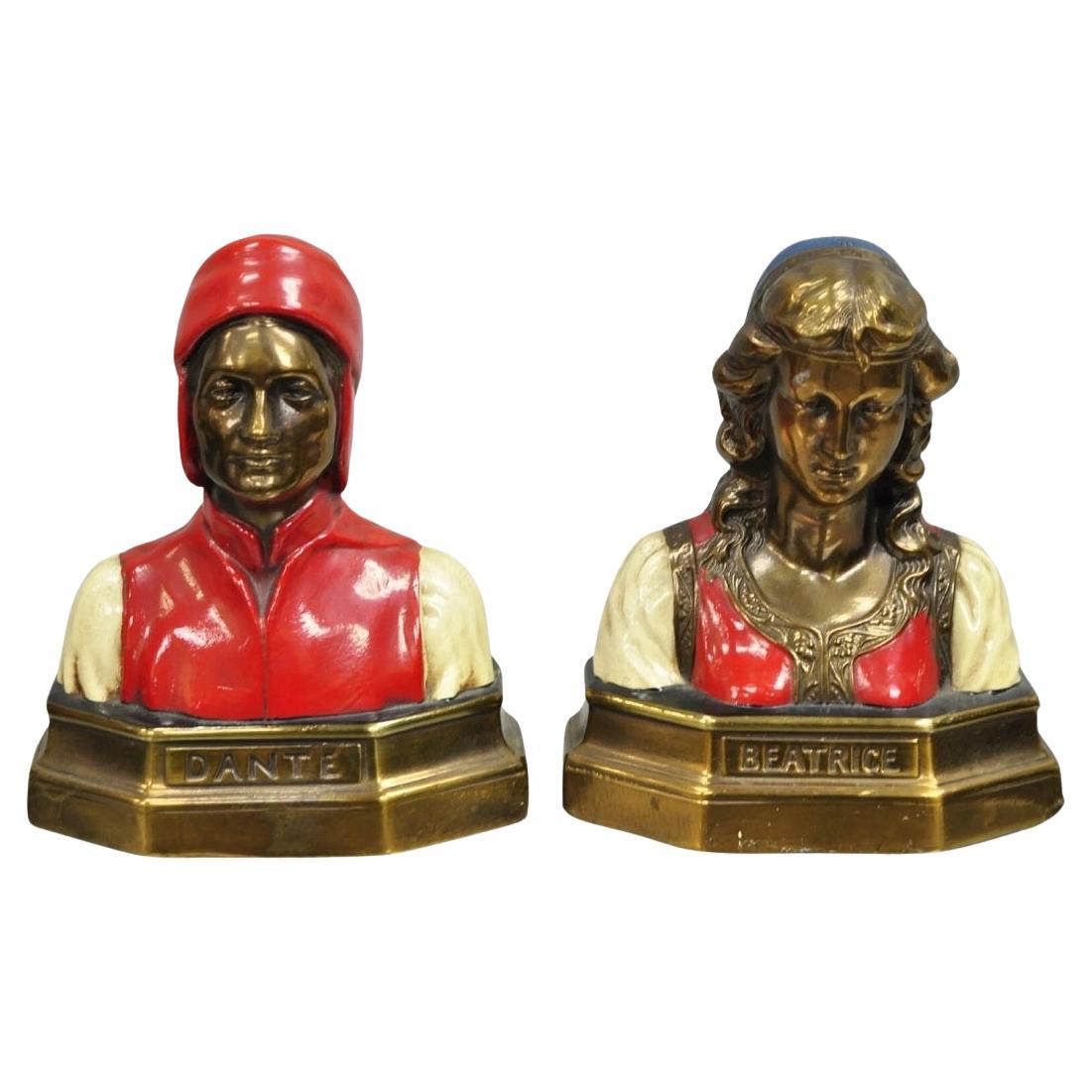 Antiguos Sujetalibros Dante y Beatriz con busto de bronce pintado - Pareja en venta