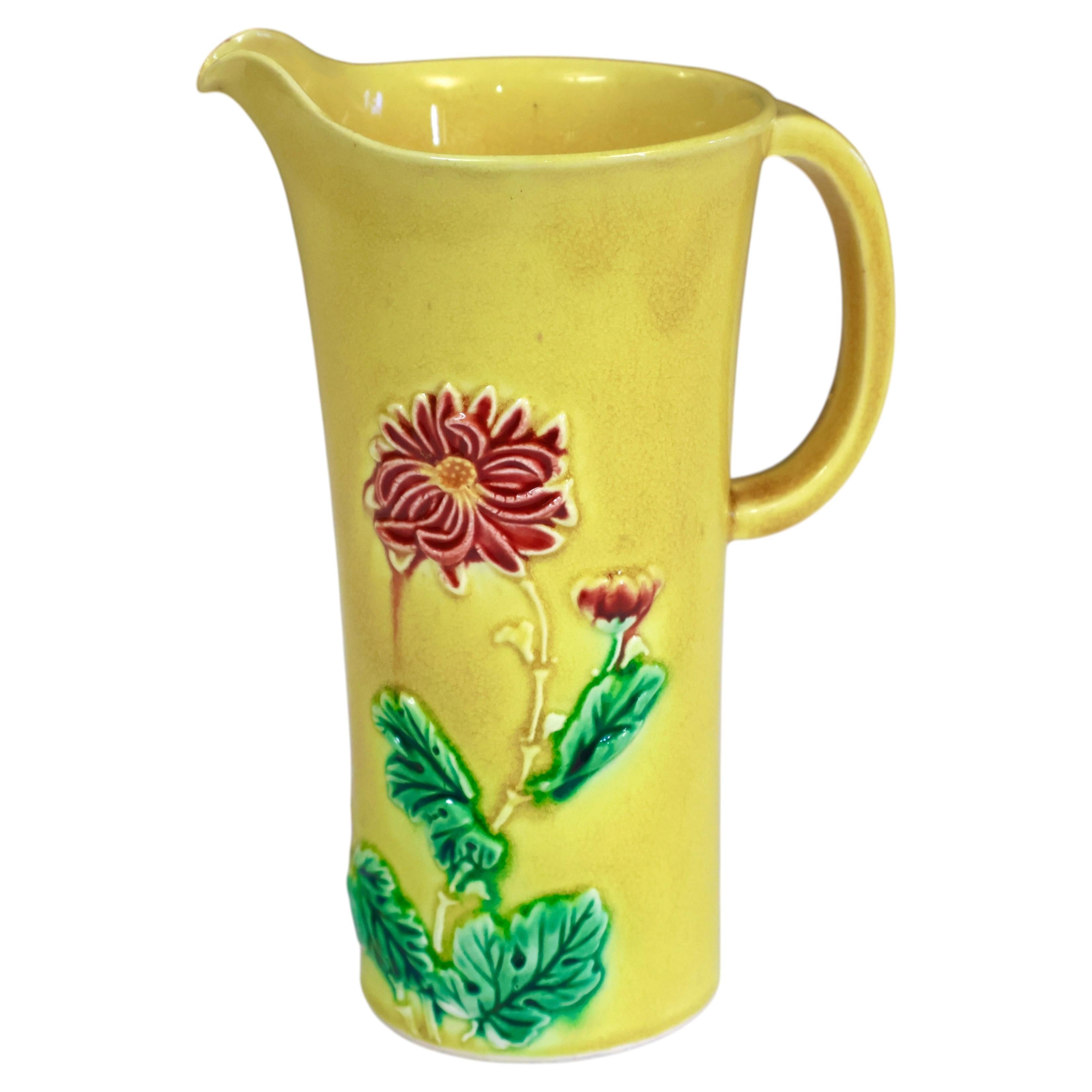 Antique Danto Awaji Pottery Arts & Crafts Sprigged Chrysanthemum Pitcher Signed