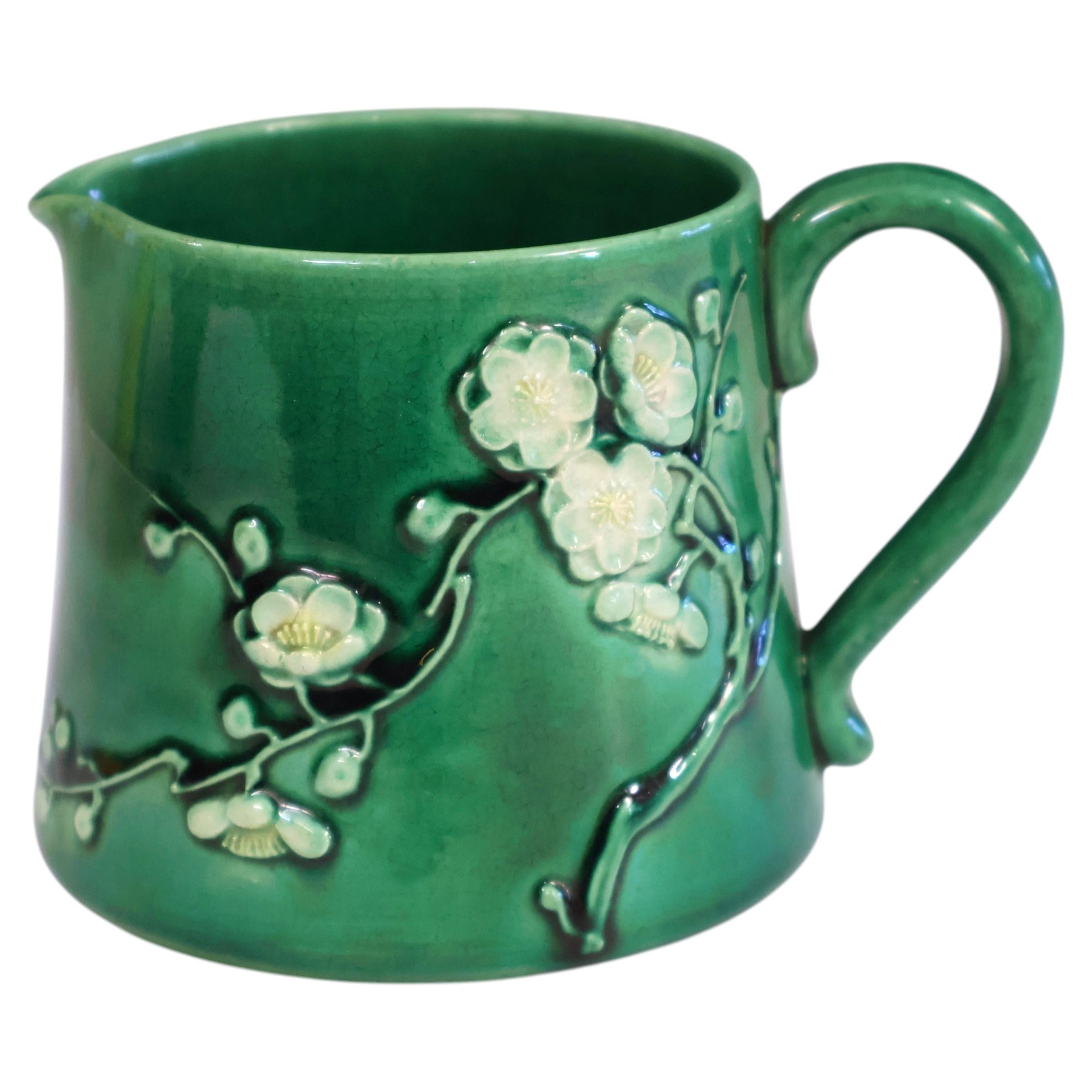 Antique Danto Awaji Pottery Arts & Crafts Sprigged Plum Blossom Pitcher Signed For Sale