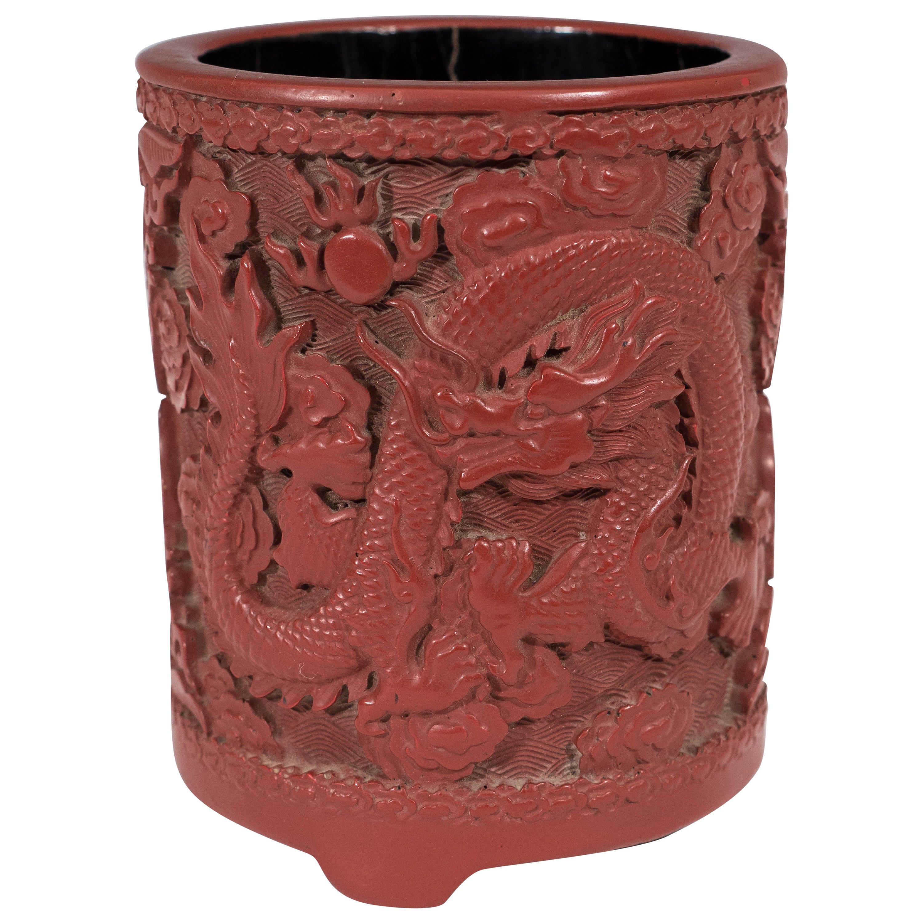 Chinese Carved Cinnabar Pot with Two Dragons    