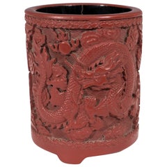 Vintage Chinese Carved Cinnabar Pot with Two Dragons    