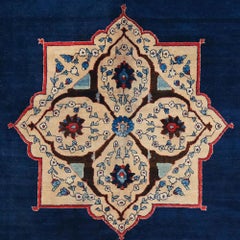 Antique Dark Blue Floral and Geometric Design Wool Carpet - Late 19th Century