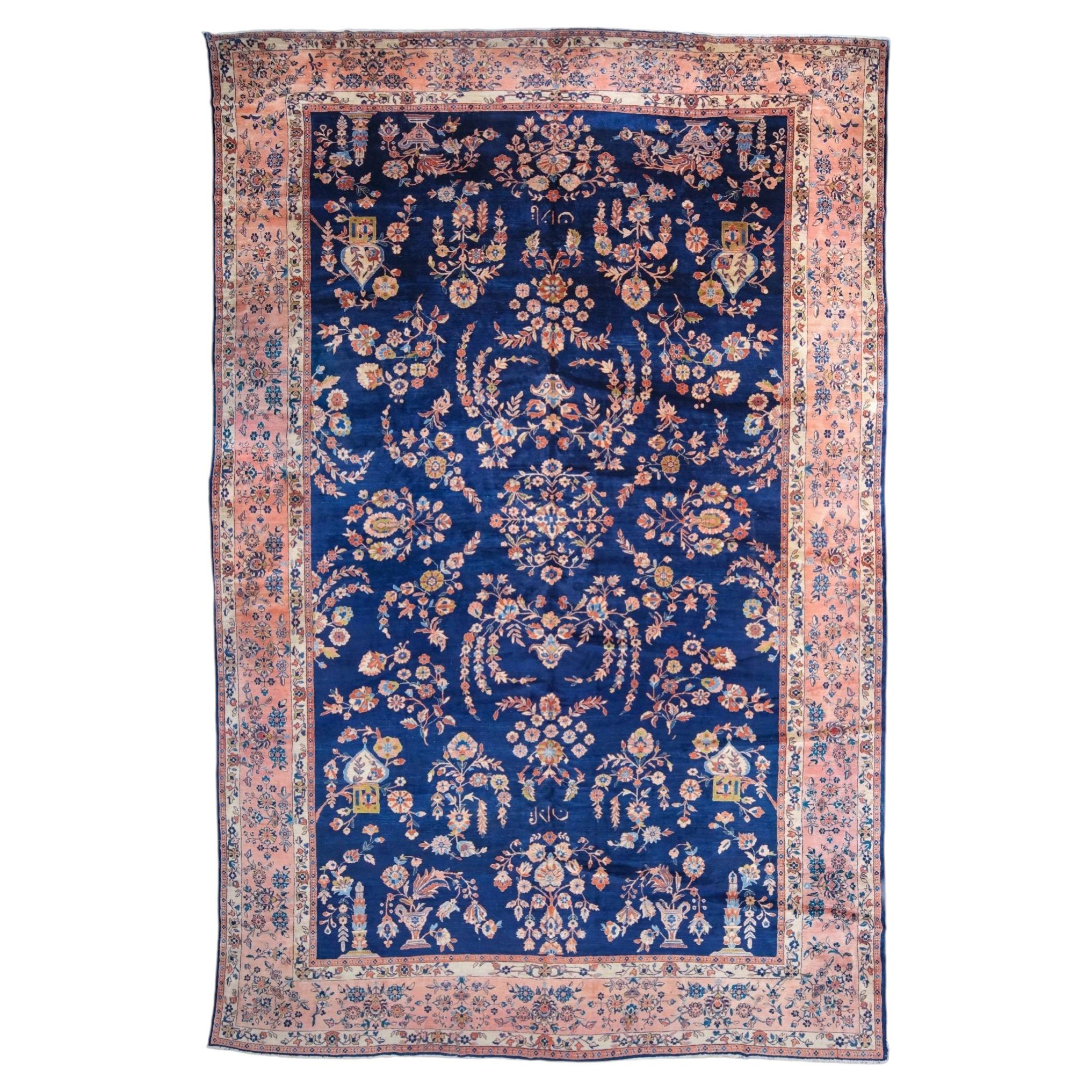 Antique Dark Blue Floral Design Carpet - Late 19th Century