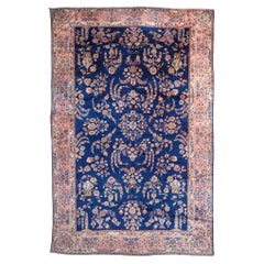 Antique Dark Blue Floral Design Carpet - Late 19th Century