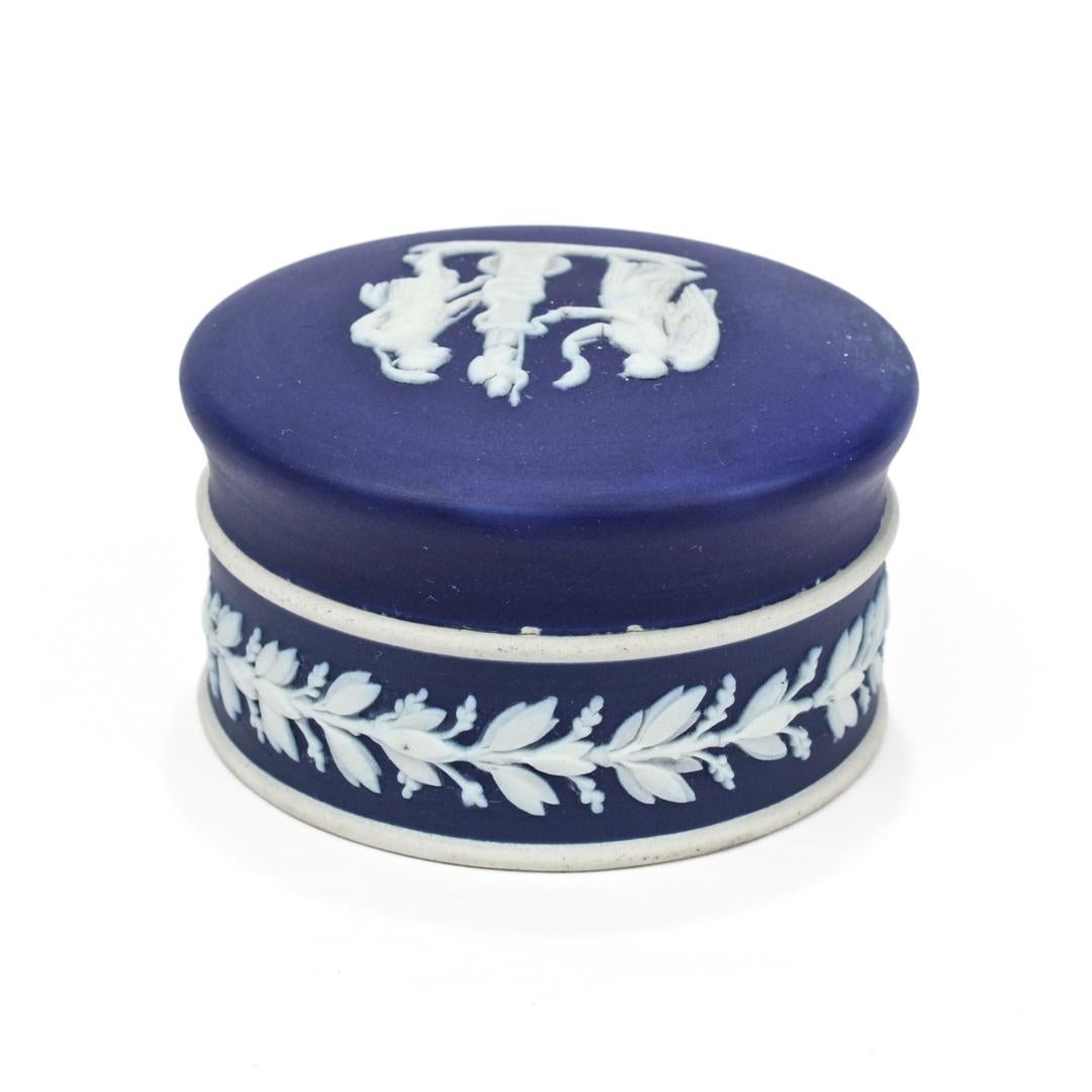 Antique Dark Blue Jasperware Wedgwood Round Covered Box  In Good Condition For Sale In Philadelphia, PA