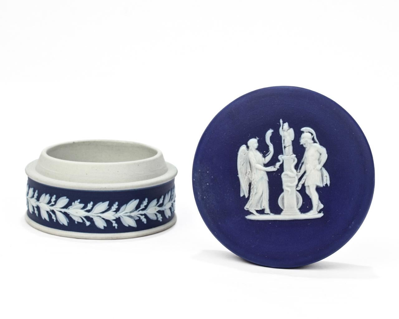 Ceramic Antique Dark Blue Jasperware Wedgwood Round Covered Box  For Sale