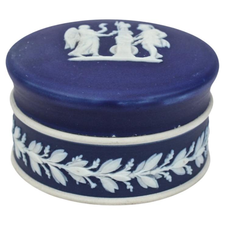 Antique Dark Blue Jasperware Wedgwood Round Covered Box  For Sale
