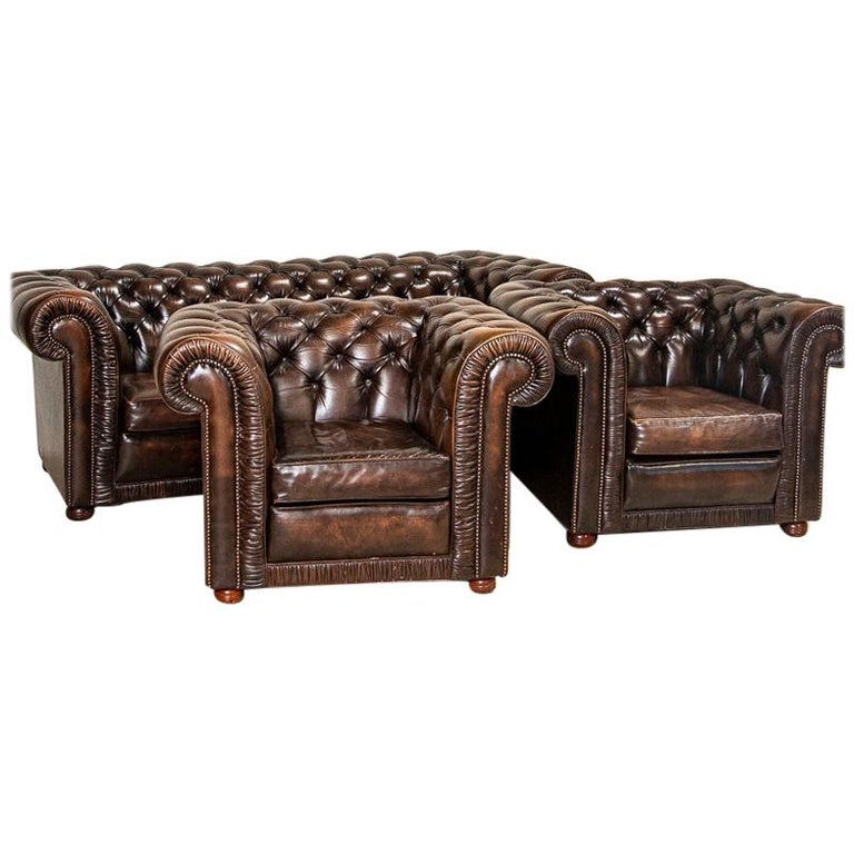 Antique Dark Brown Leather Chesterfield Sofa and Pair of Chesterfield ...