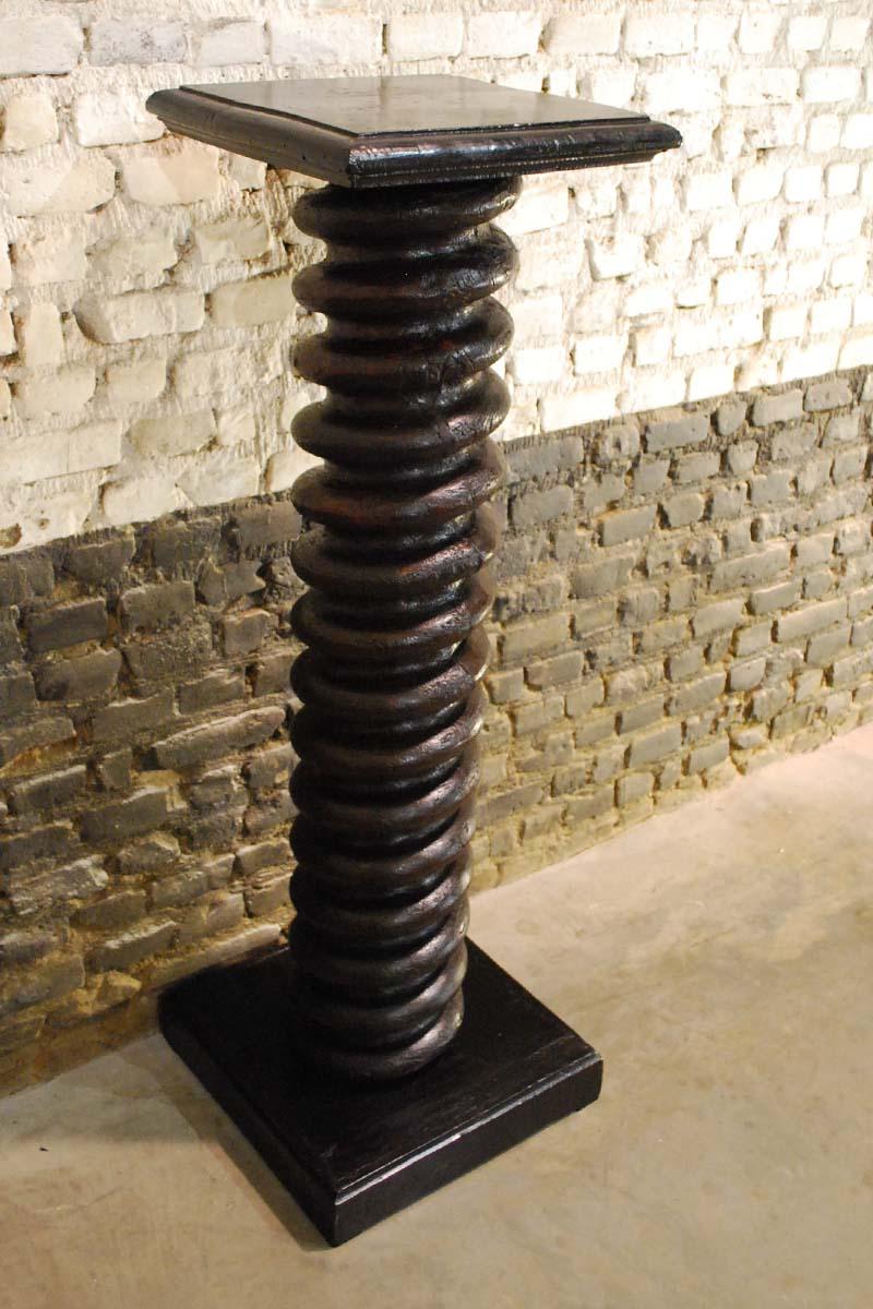 French Antique Dark Brown Pine and Mahogany Twisted Column Pedestal For Sale