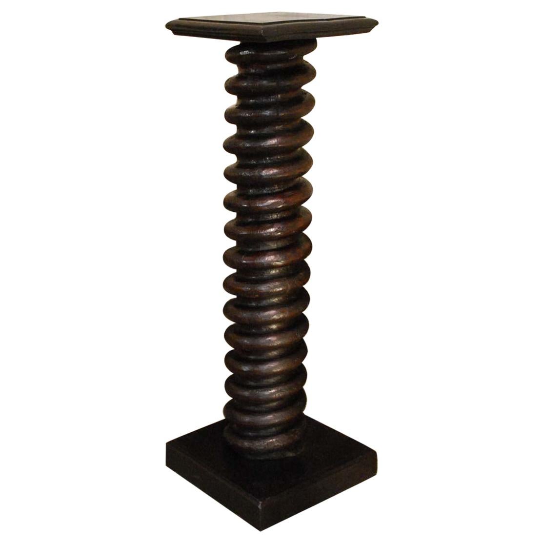 Antique Dark Brown Pine and Mahogany Twisted Column Pedestal For Sale