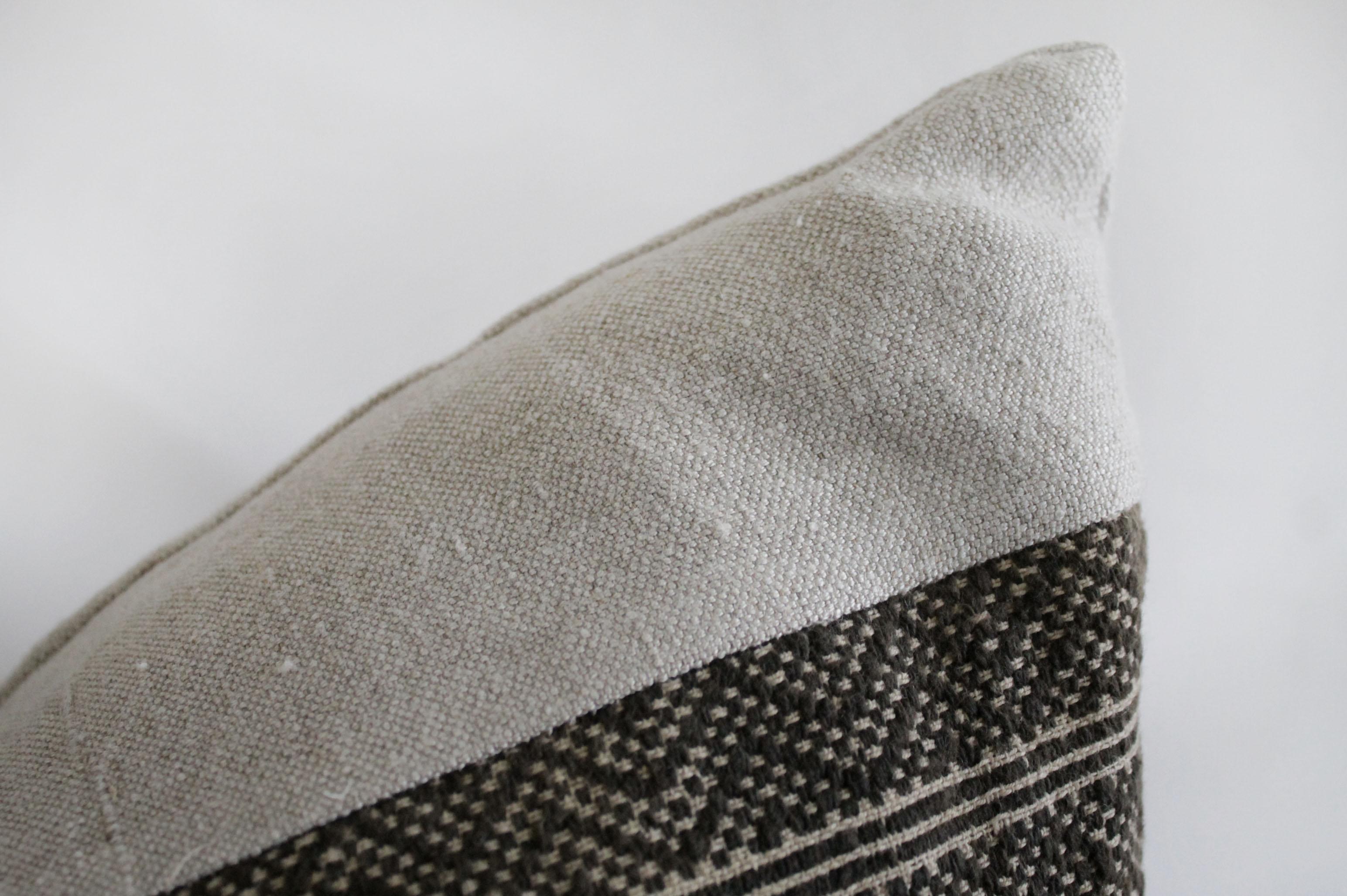 Cotton Antique Dark Brown Tribal Block Pillow with Natural Irish Linen