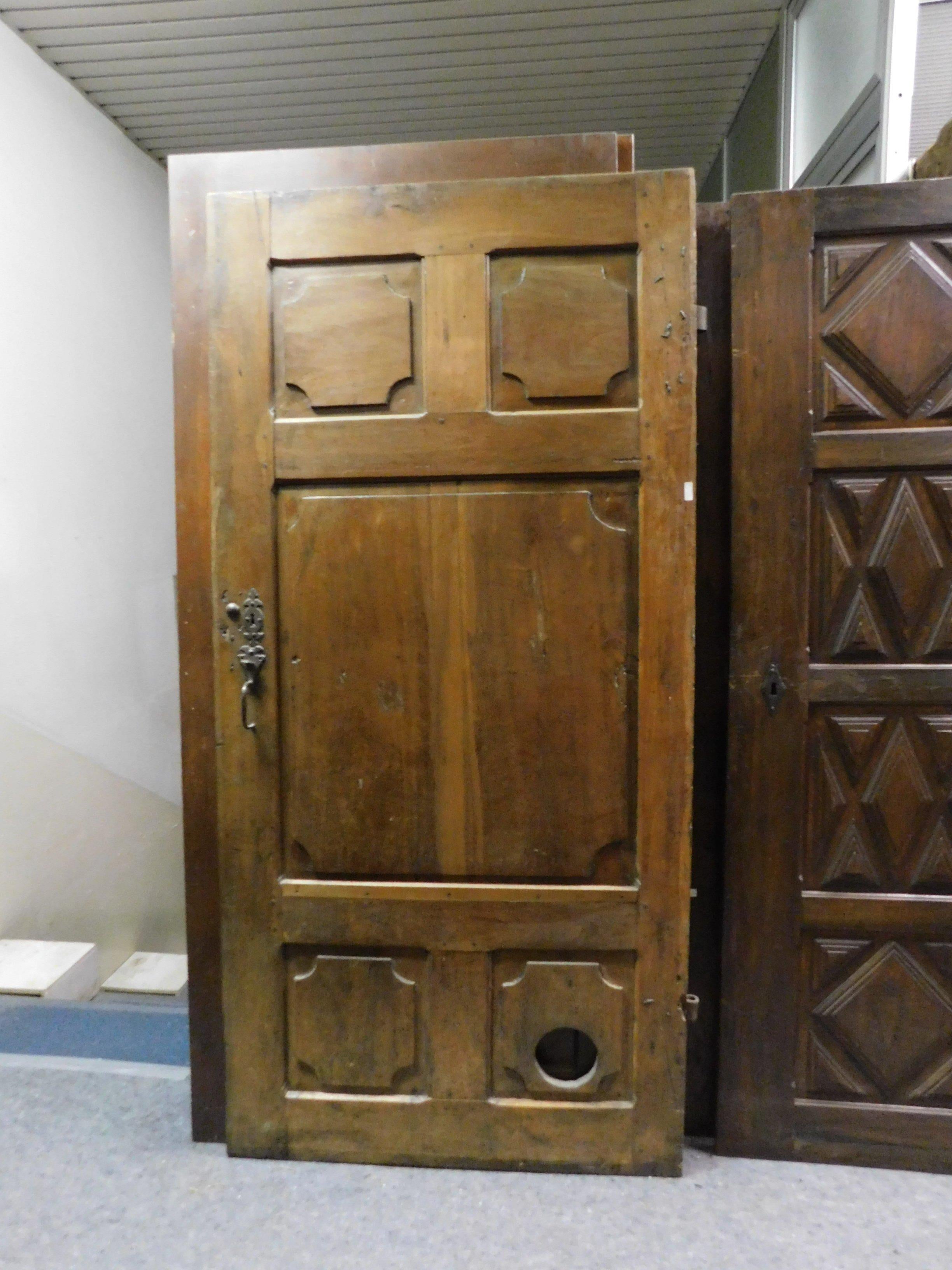 Hand-Carved Antique Dark Brown Walnut Door, Hand Carved Panels, 18th Century, Italy For Sale