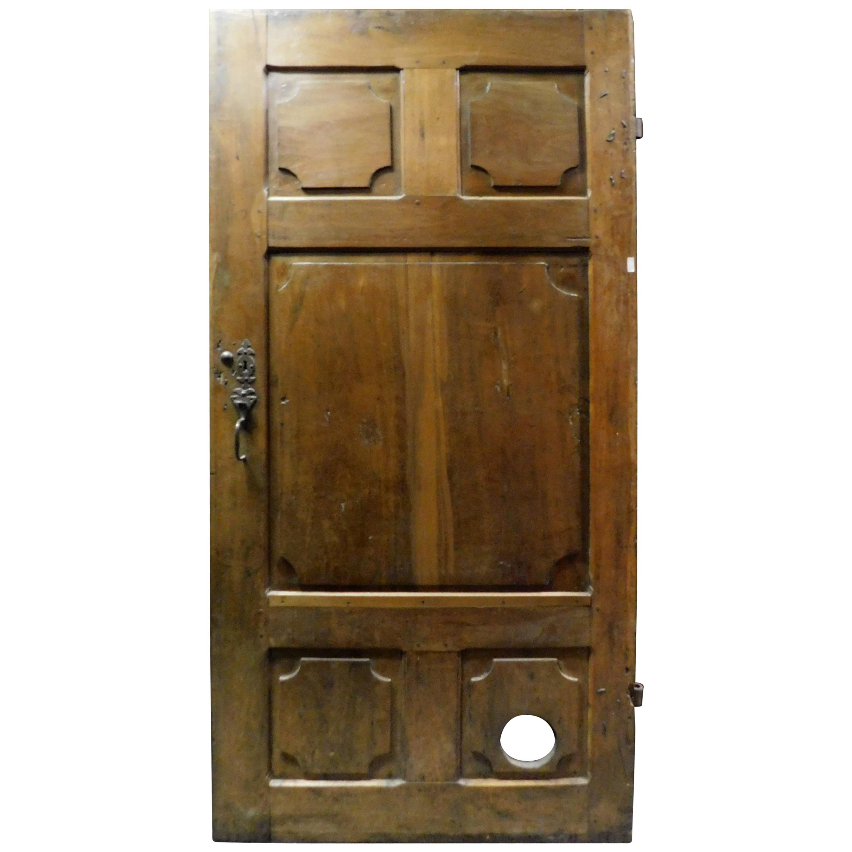 Antique Dark Brown Walnut Door, Hand Carved Panels, 18th Century, Italy For Sale