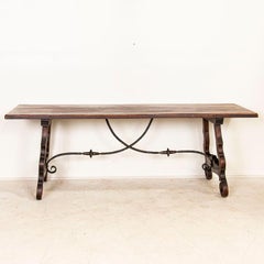 Antique Dark Oak Dining Table with Iron Scroll and Wood Base from France