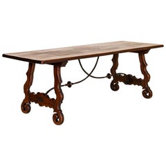 Antique Dark Oak Dining Table with Iron Scroll and Wood Base from France