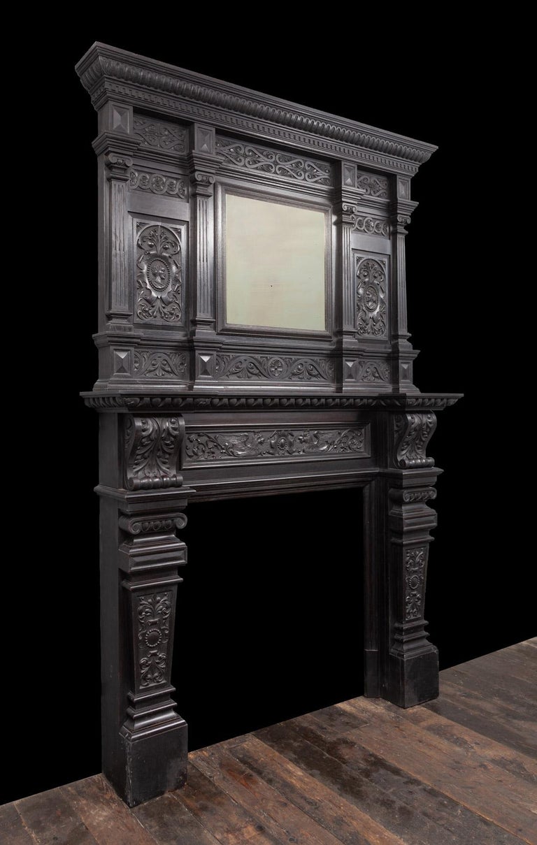 Antique Dark Oak Jacobean Mantlepiece with Overmantle Mirror For Sale