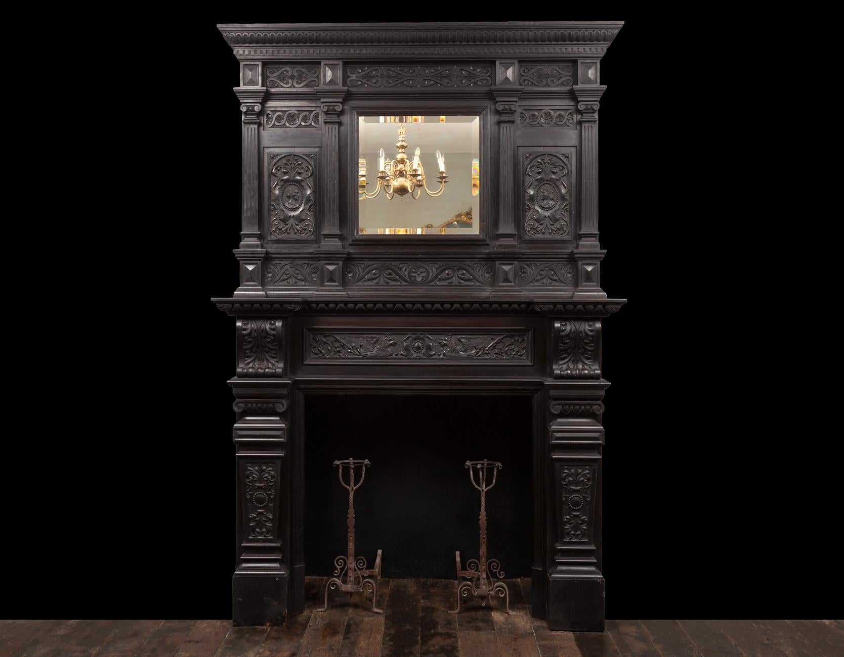 Antique Dark Oak Jacobean Mantlepiece with Over-mantle Mirror In Good Condition For Sale In Tyrone, Northern Ireland