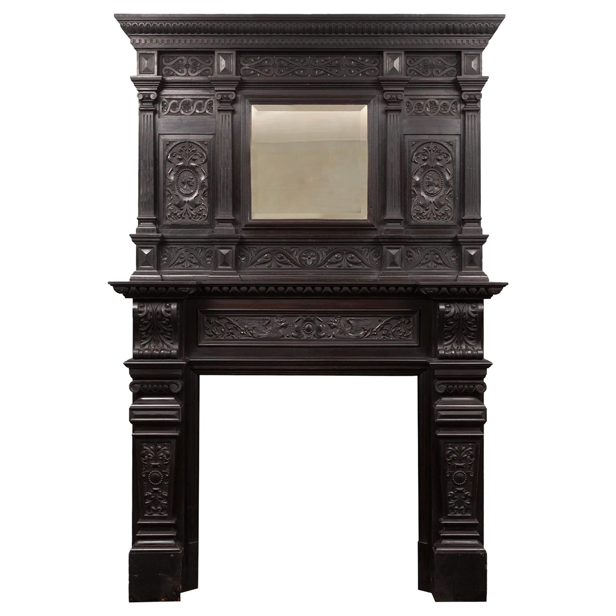 Antique Dark Oak Jacobean Mantlepiece with Over-mantle Mirror For Sale