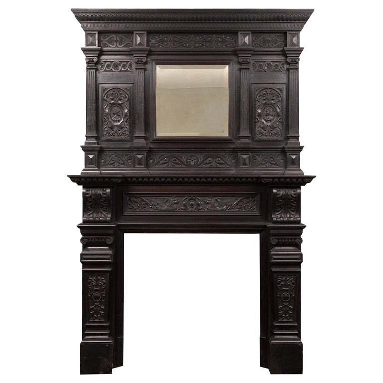 Antique Dark Oak Jacobean Mantlepiece with Overmantle Mirror For Sale