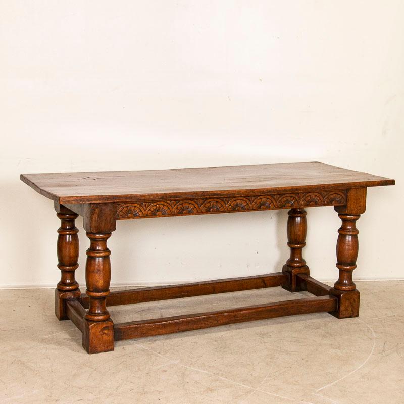 Antique Dark Oak Refectory Library Table with Decoratively Carved Skirt from Fra In Good Condition In Round Top, TX