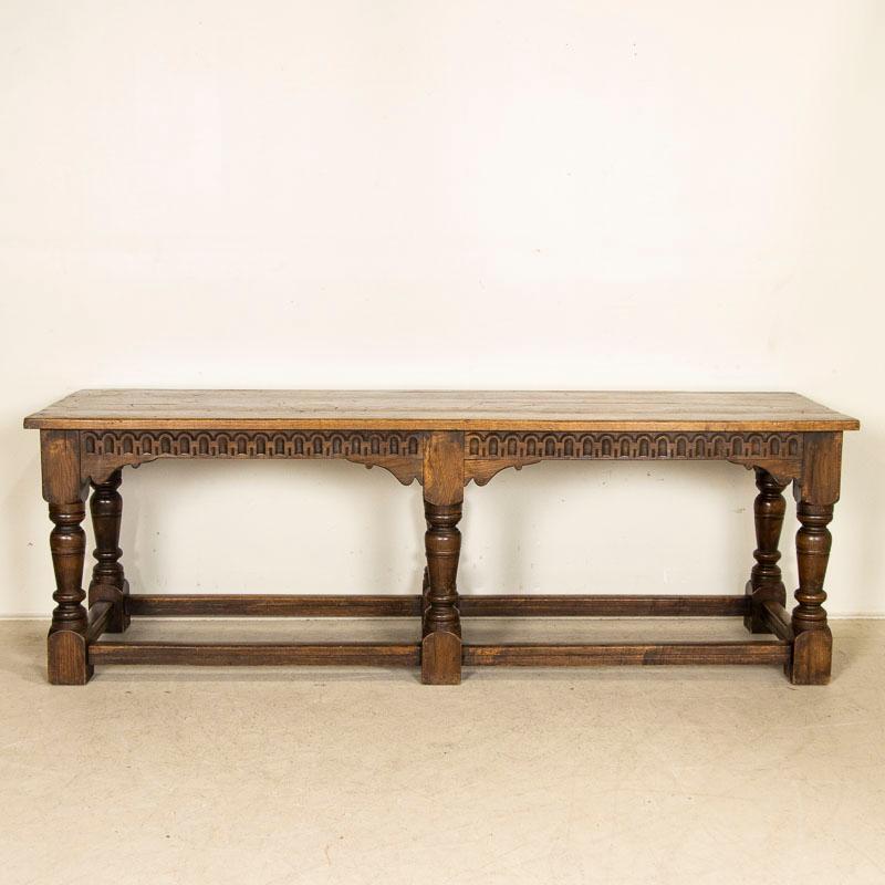 Swedish Antique Dark Oak Refectory Library Table with Decoratively Carved Skirt from Swe
