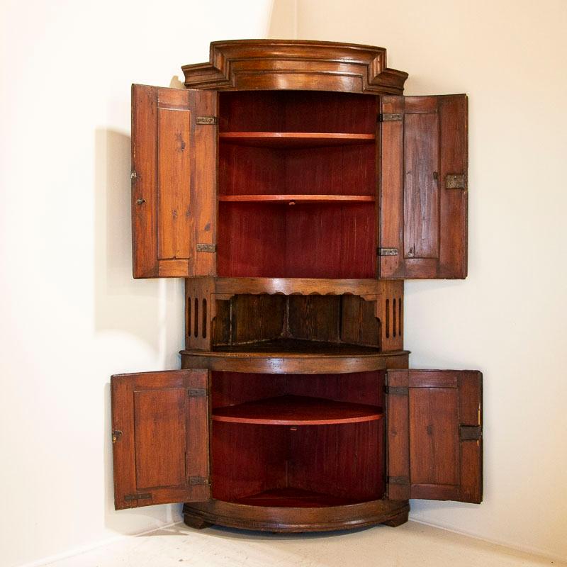 The lovely appeal of this graceful bow front corner cabinet is due to the simple Swedish styling and dark patina of the aged pine. Notice the fine details, such as the deep molding of the crown, the scallop and vertical opening cut outs along the