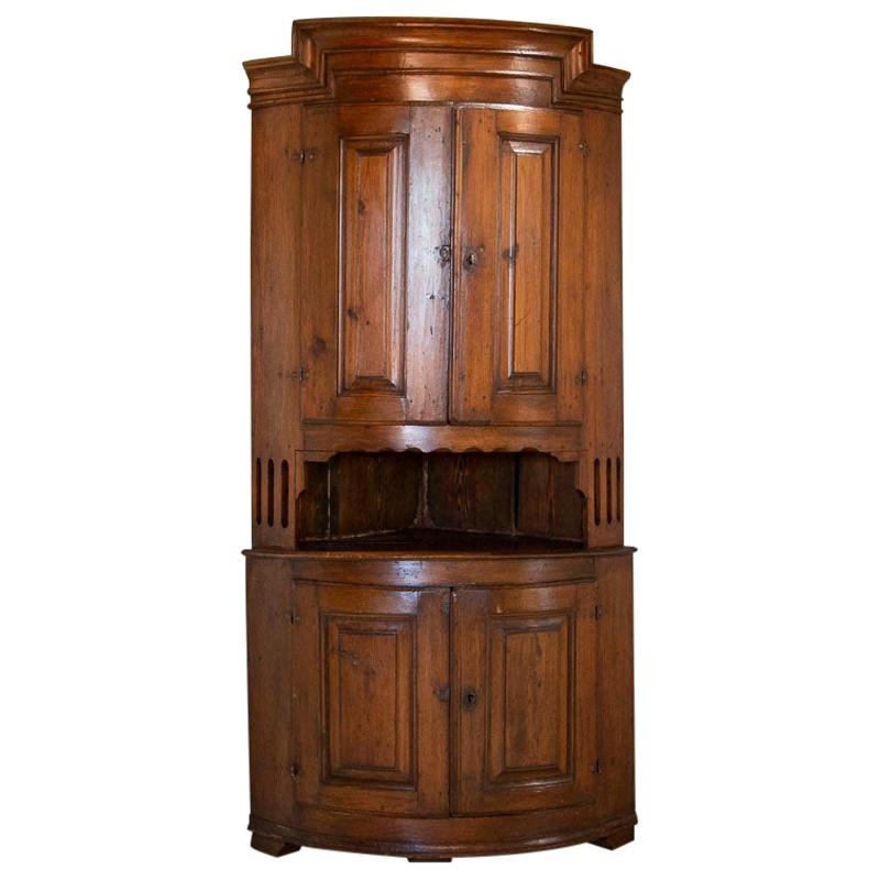 Antique Dark Pine Bow Front Corner Cabinet from Sweden
