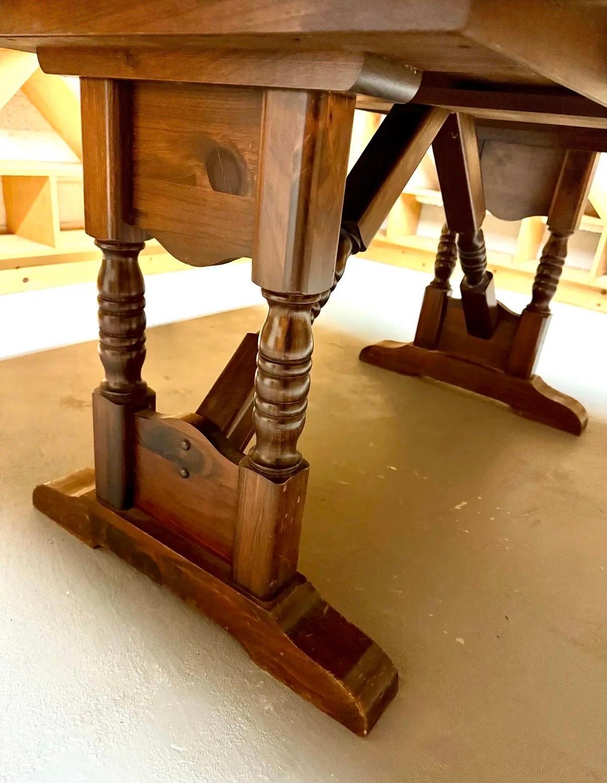 Antique Dark Pine Double Pillar Extendable Trestle Farm House Dining Wine Table 5
