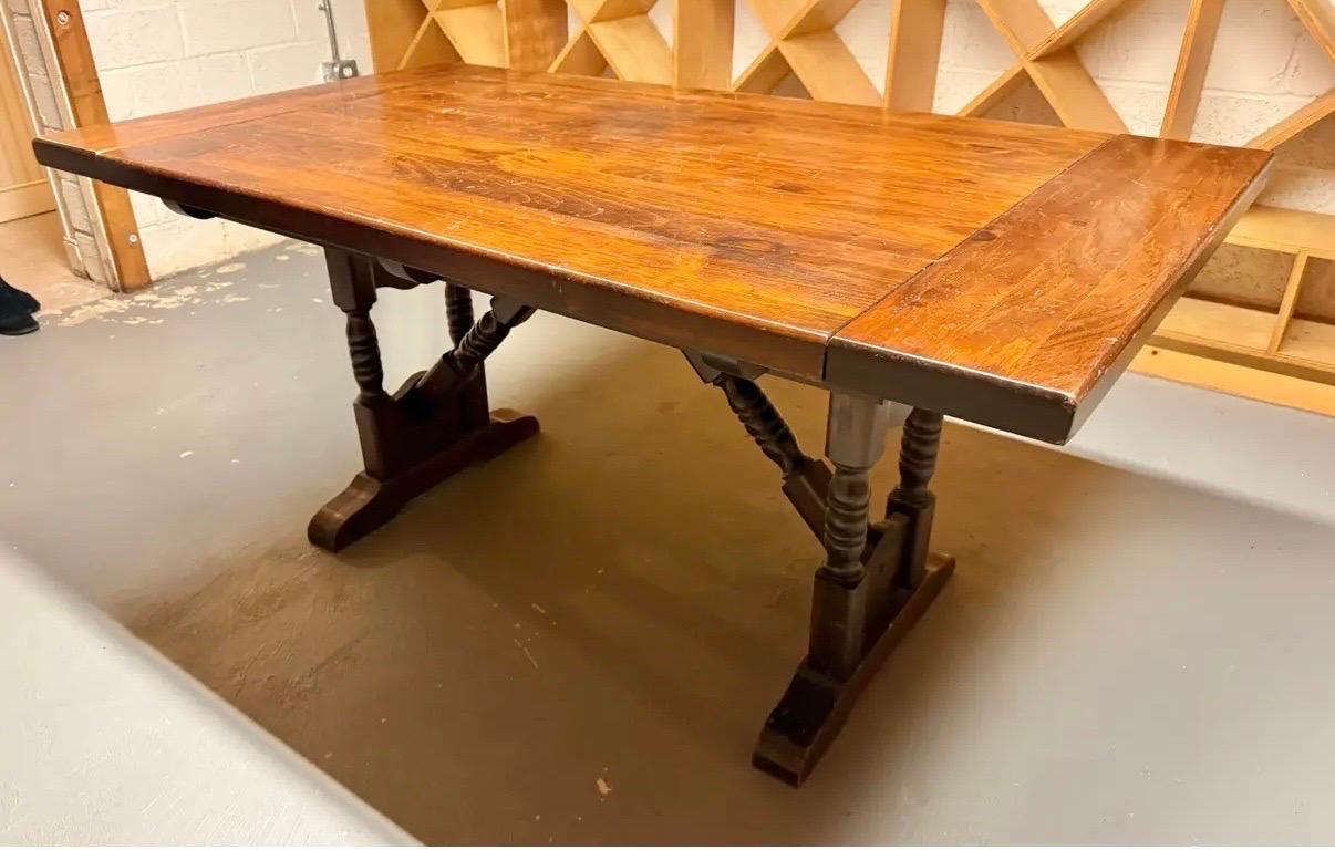 Antique Dark Pine Double Pillar Extendable Trestle Farm House Dining Wine Table In Good Condition In West Hartford, CT