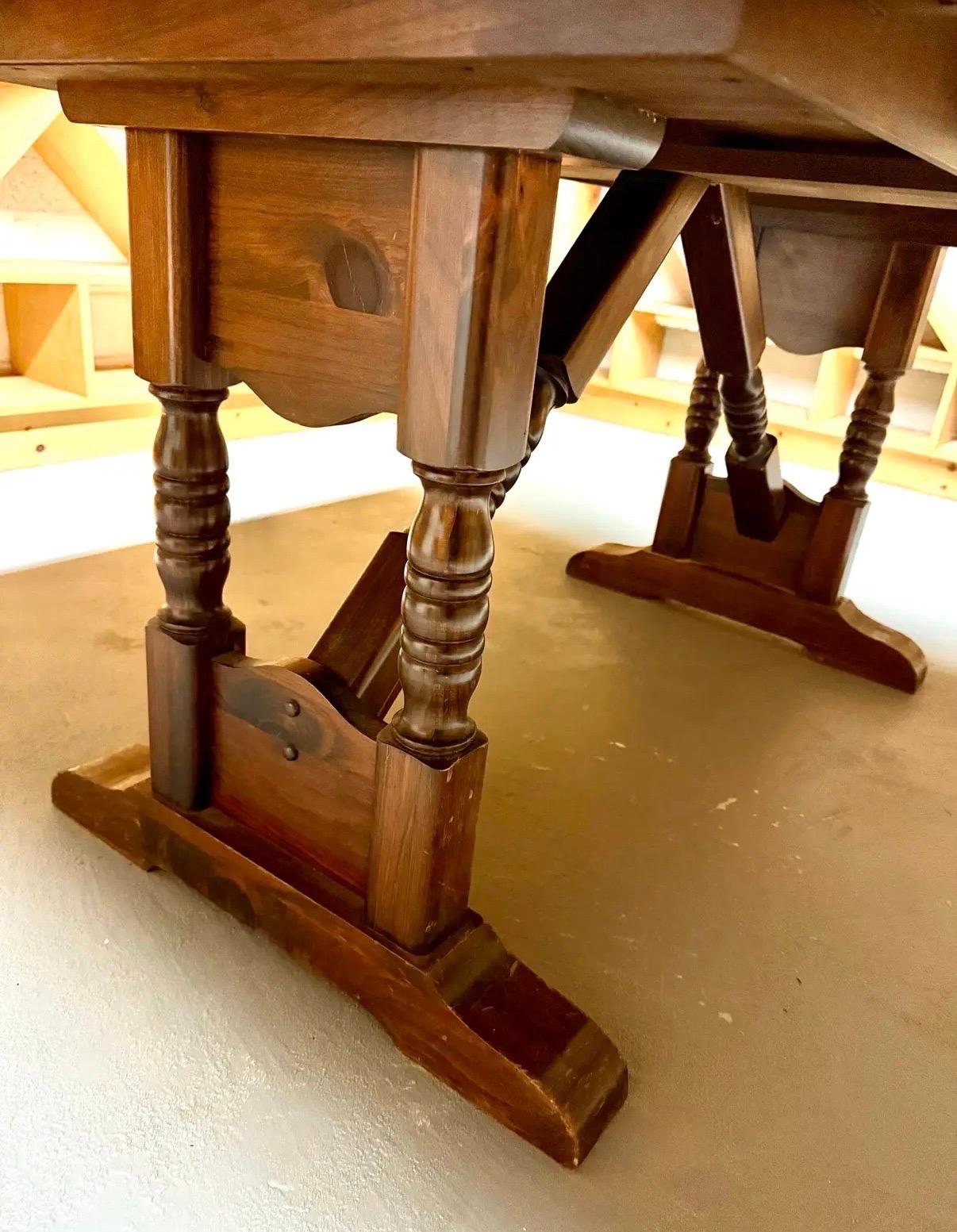 19th Century Antique Dark Pine Double Pillar Extendable Trestle Farm House Dining Wine Table