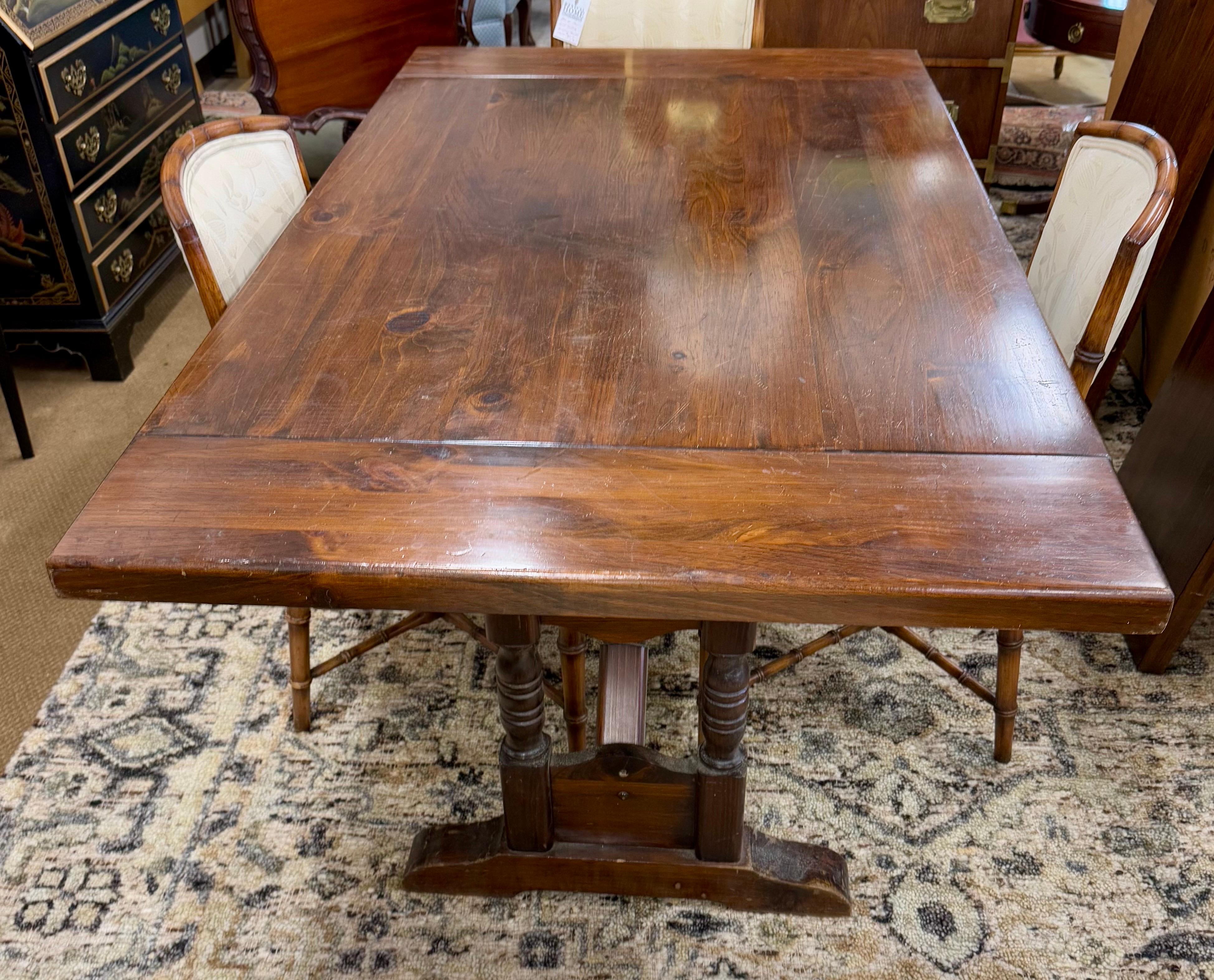 Antique Dark Pine Double Pillar Extendable Trestle Farm House Dining Wine Table 2