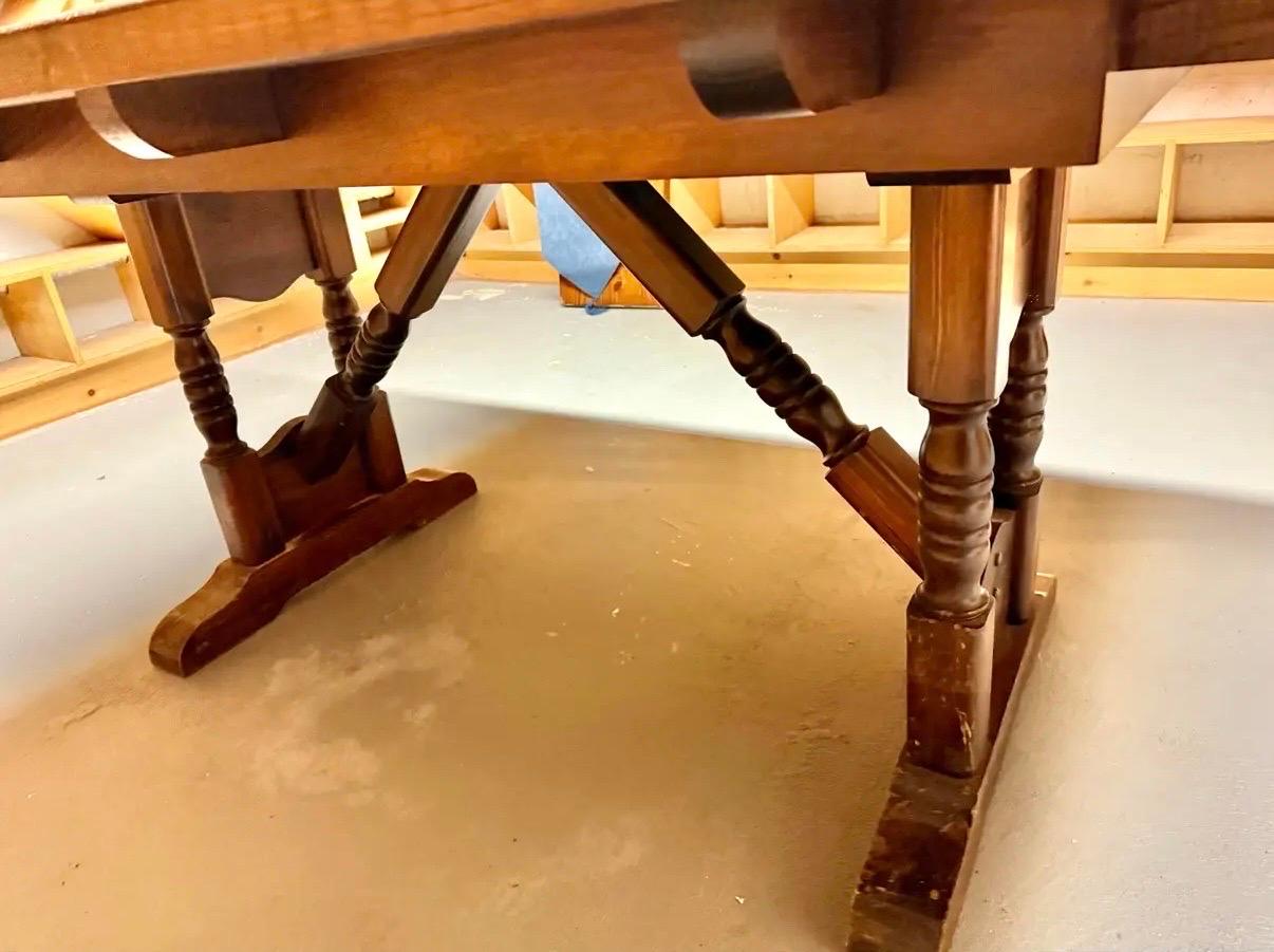 Antique Dark Pine Double Pillar Extendable Trestle Farm House Dining Wine Table 3