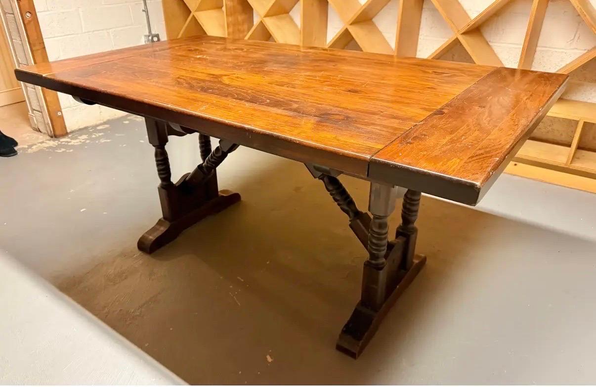 Antique Dark Pine Double Pillar Extendable Trestle Farm House Dining Wine Table 4
