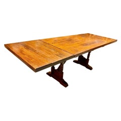 Antique Dark Pine Double Pillar Extendable Trestle Farm House Dining Wine Table