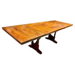 Antique Dark Pine Double Pillar Extendable Trestle Farm House Dining Wine Table