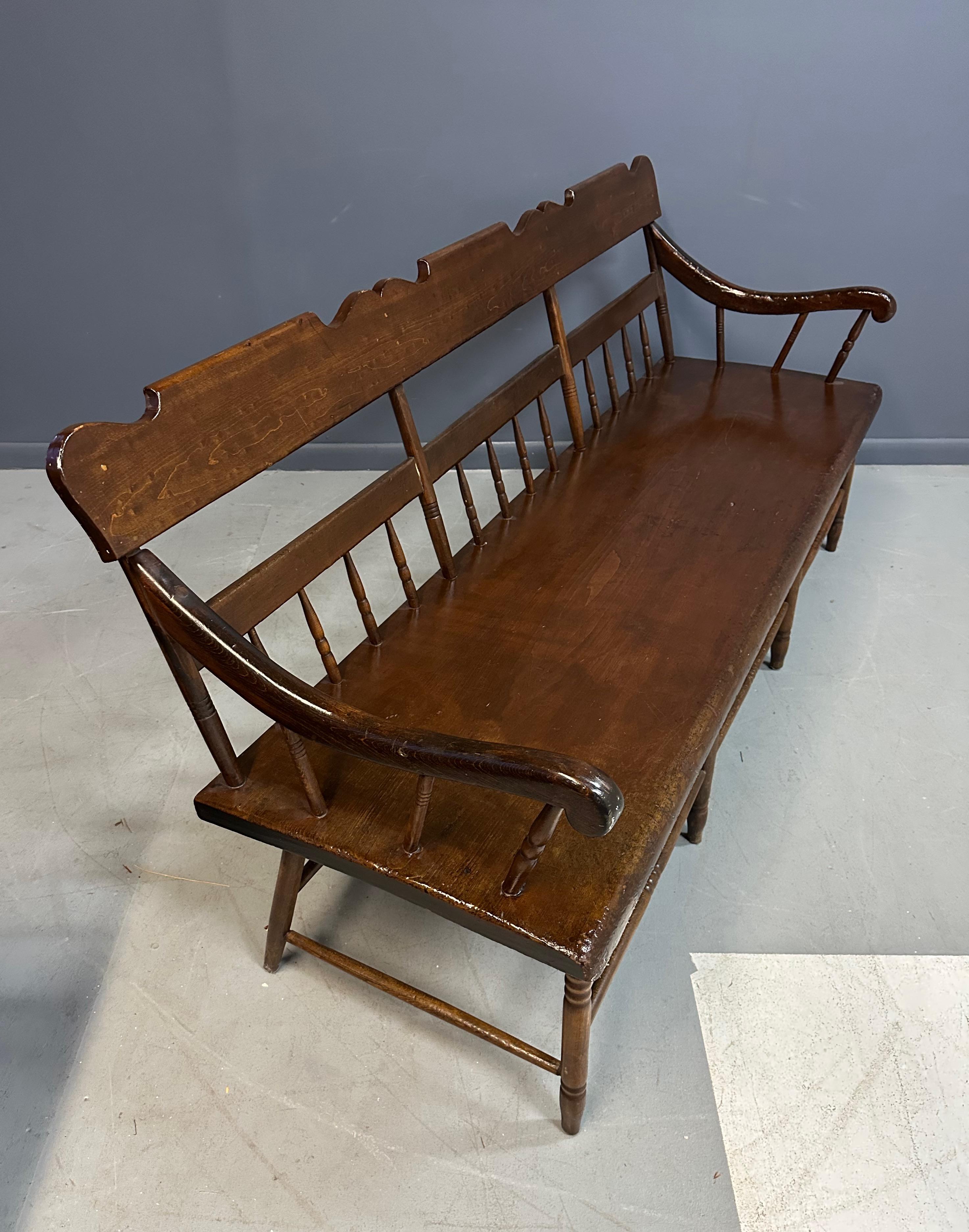 North American Antique Dark Pine Rustic Spindle Back Deacon's Bench