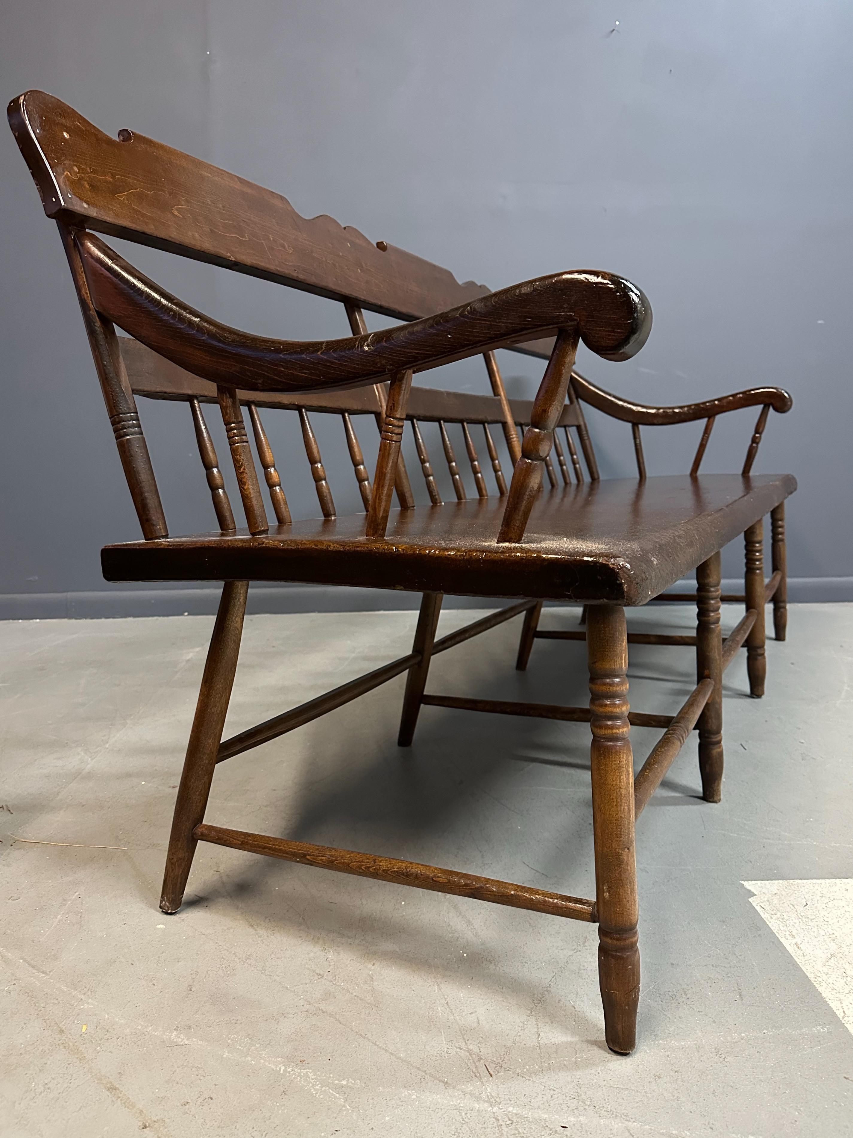 Antique Dark Pine Rustic Spindle Back Deacon's Bench In Good Condition In Philadelphia, PA